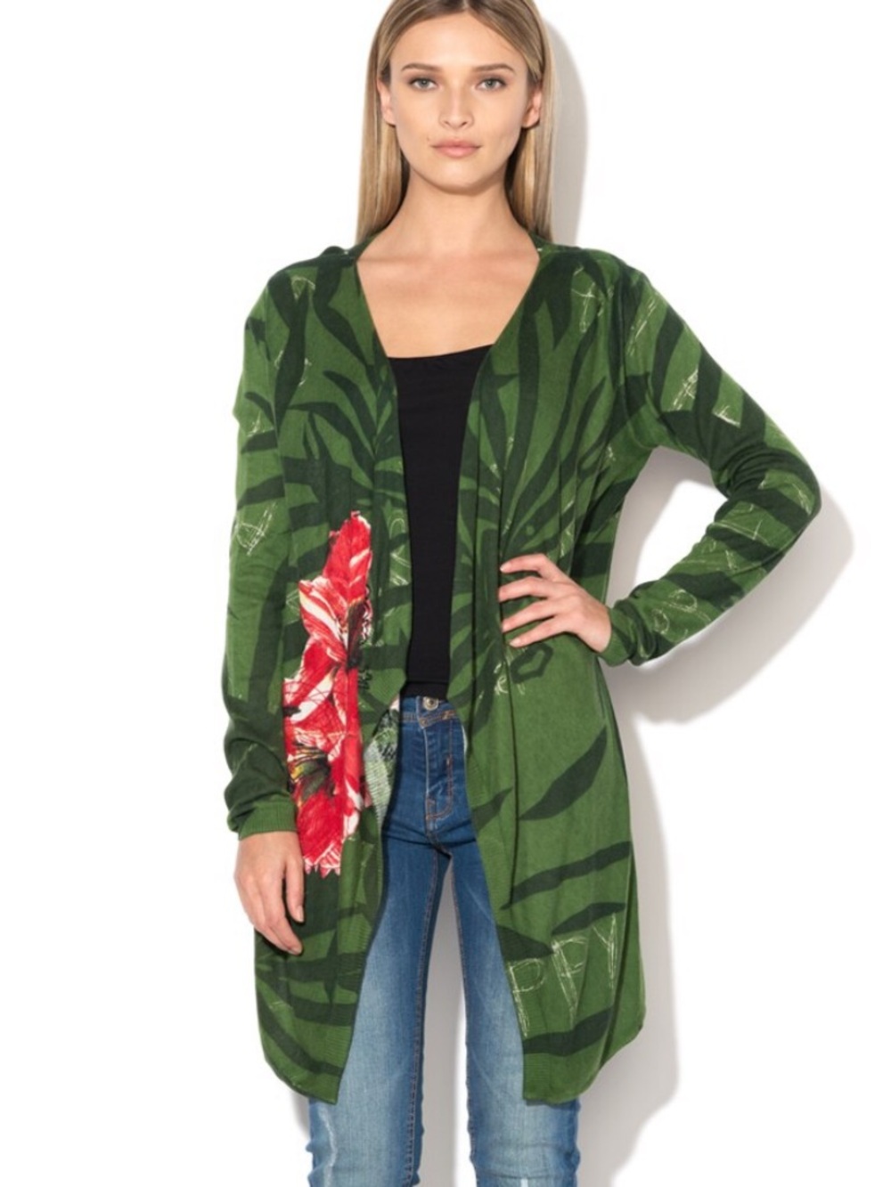 Desigual Green Red Floral Open-Front Long Cardigan Medium Boho Artsy